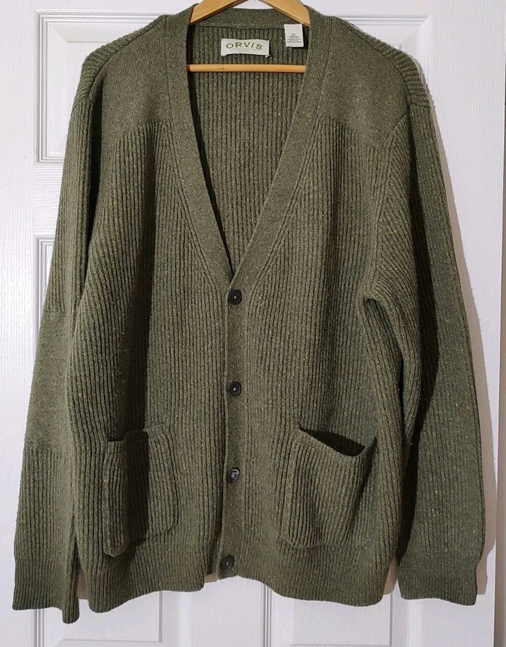 Men's Orvis Green Lambswool Ribbed Cardigan Sweater Button Front Pockets - XL